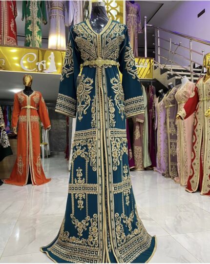 قفطان مغربي تقليدي قطعتين لون تركوازي تطريز خيوط دهبية